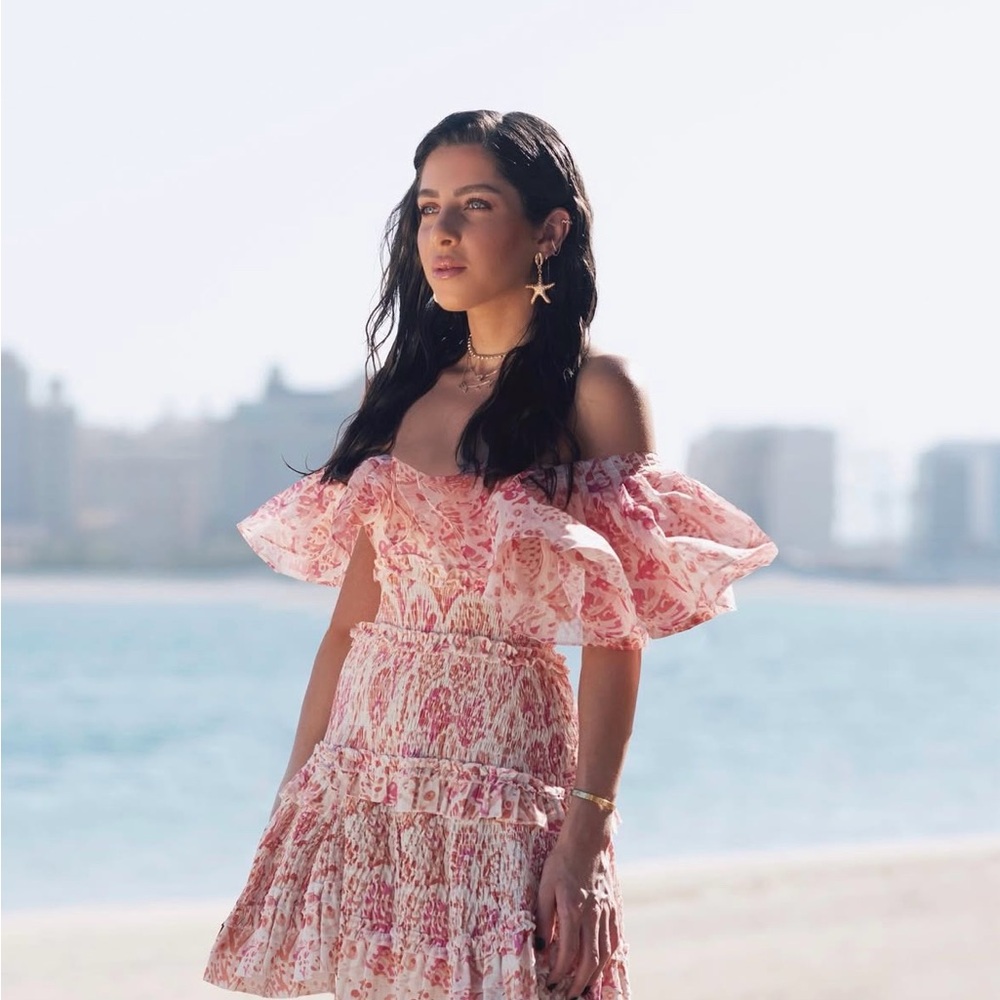 MAYKA Patterned Pink Off-Shoulder Ruffle Dress